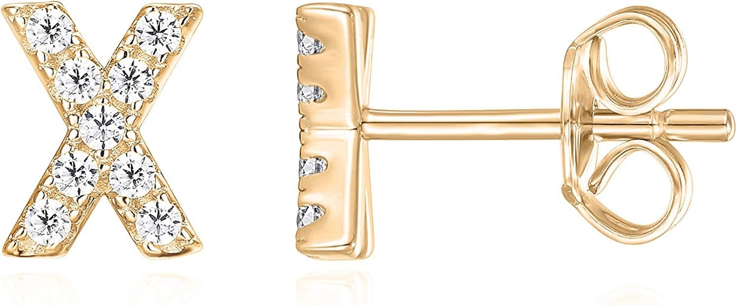image:imagePAVOI 14K Gold Plated 925 Sterling Silver Cubic Zirconia Initial Letter Stud Earrings for Women Simulated Diamond Alphabet Letter Earrings X