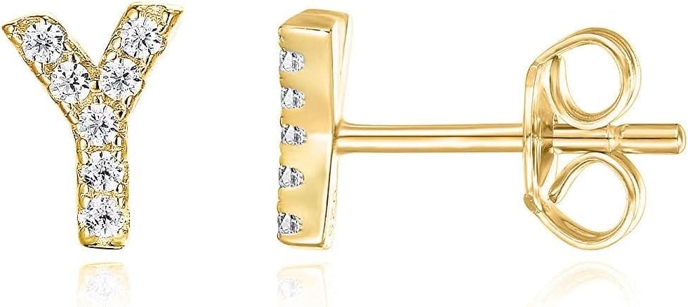 image:imagePAVOI 14K Gold Plated 925 Sterling Silver Cubic Zirconia Initial Letter Stud Earrings for Women Simulated Diamond Alphabet Letter Earrings Y