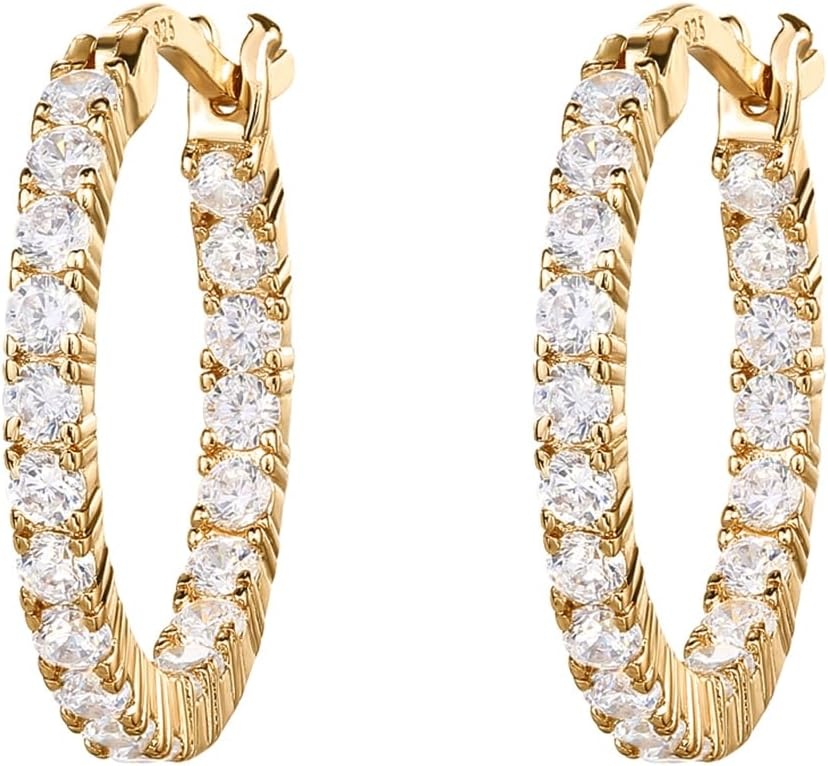 image:imagePAVOI 14K Gold Plated 925 Sterling Silver Post Cubic Zirconia Hoop Earrings for Women Elegant Inside Out CZ Stone Hoop EarringsYellow Gold