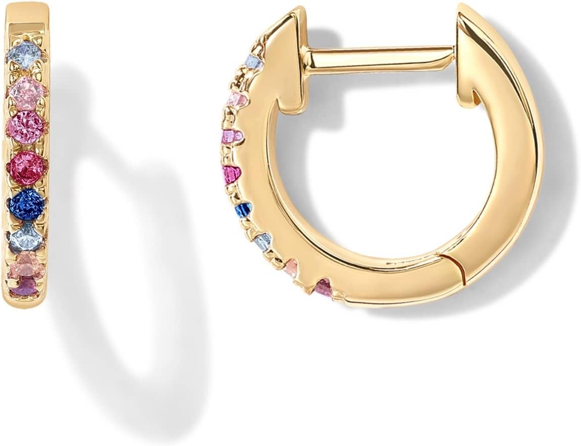 image:imagePAVOI 14K Gold Plated 925 Sterling Silver Post Huggies Cubic Zirconia Huggie Earrings for Women Green Garnet Spinel Blue Black Multicolored StonesMulti Colored