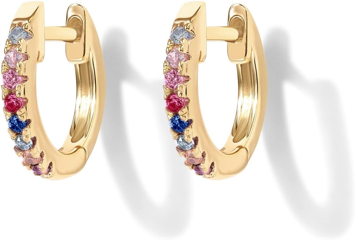 image:imagePAVOI 14K Gold Plated 925 Sterling Silver Post Huggies Cubic Zirconia Huggie Earrings for Women Green Garnet Spinel Blue Black Multicolored StonesMulti Colored