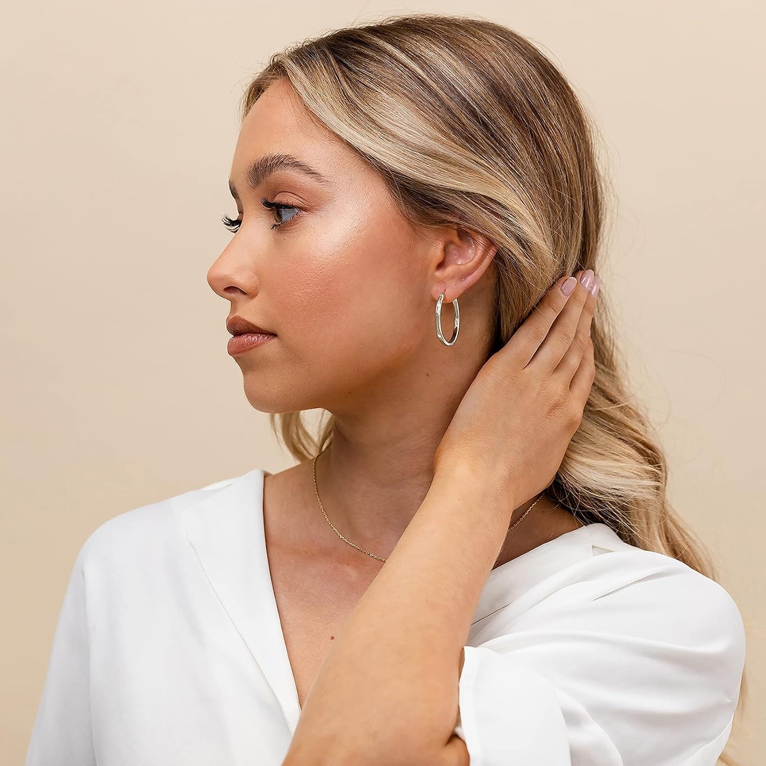 image:imagePAVOI 14K Gold Plated 925 Sterling Silver Post Lightweight Hoops 20mm 30mm Earring Gold Hoop Earrings for WomenWhite Gold