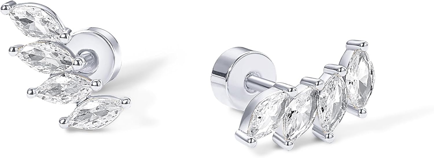image:imagePAVOI 14K Gold Plated 925 Sterling Silver Post Navette CZ Crawler Flat Back Earrings for Women Small Cartilage Cubic Zirconia Stud Earring Helix Piercing JewelryWhite Gold