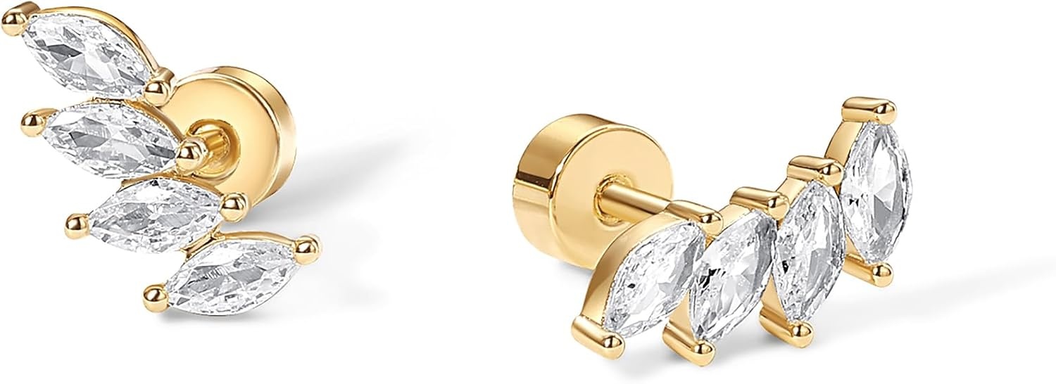 image:imagePAVOI 14K Gold Plated 925 Sterling Silver Post Navette CZ Crawler Flat Back Earrings for Women Small Cartilage Cubic Zirconia Stud Earring Helix Piercing JewelryYellow Gold
