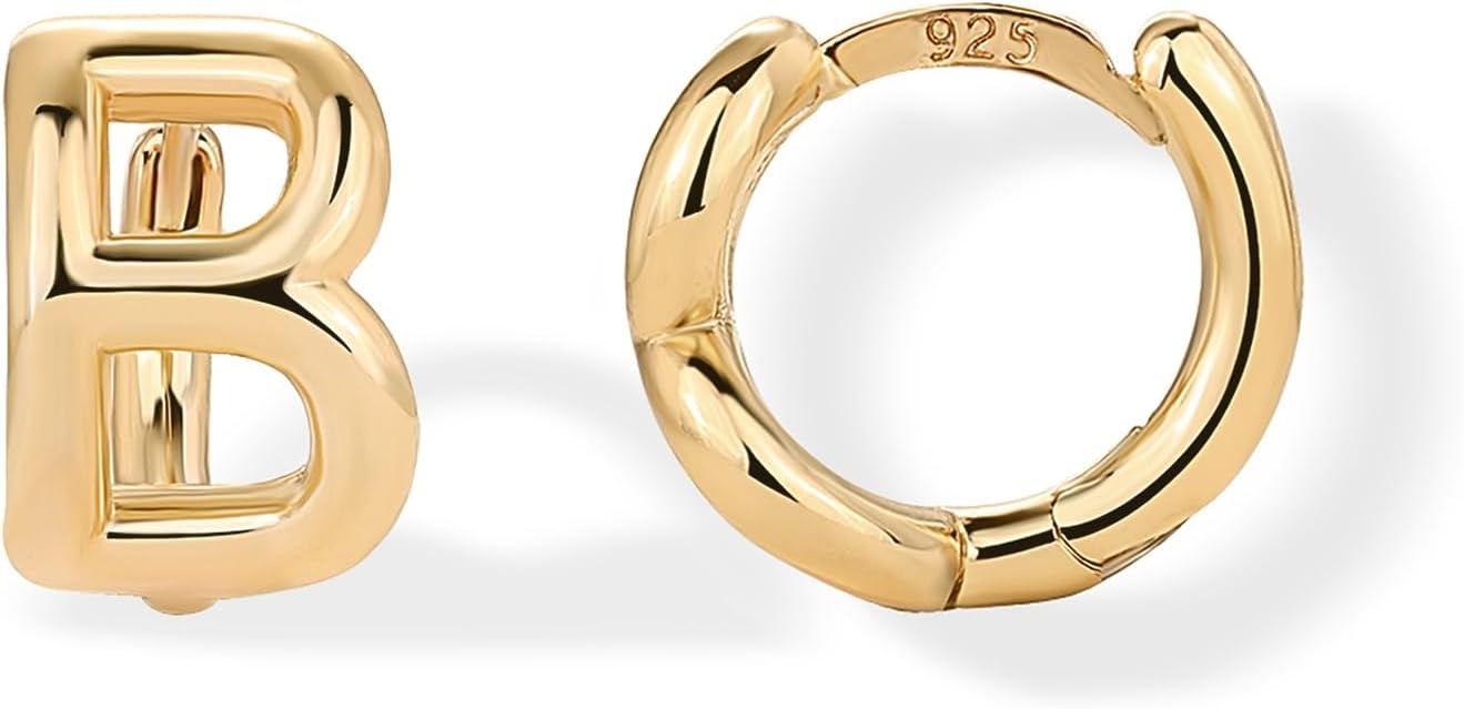 image:imagePAVOI 14K Gold Plated 925 Sterling Silver Posts Dainty Initial Huggie Earrings for Women Gold Huggie Hoop Small Initial Jewelry Trendy Alphabet Letter Earrings B