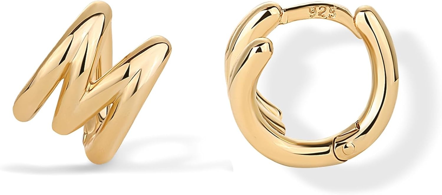 image:imagePAVOI 14K Gold Plated 925 Sterling Silver Posts Dainty Initial Huggie Earrings for Women Gold Huggie Hoop Small Initial Jewelry Trendy Alphabet Letter Earrings M
