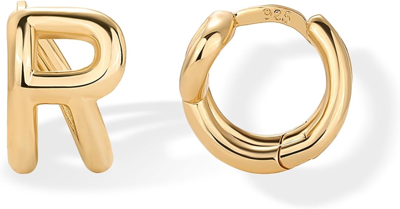 image:imagePAVOI 14K Gold Plated 925 Sterling Silver Posts Dainty Initial Huggie Earrings for Women Gold Huggie Hoop Small Initial Jewelry Trendy Alphabet Letter Earrings R