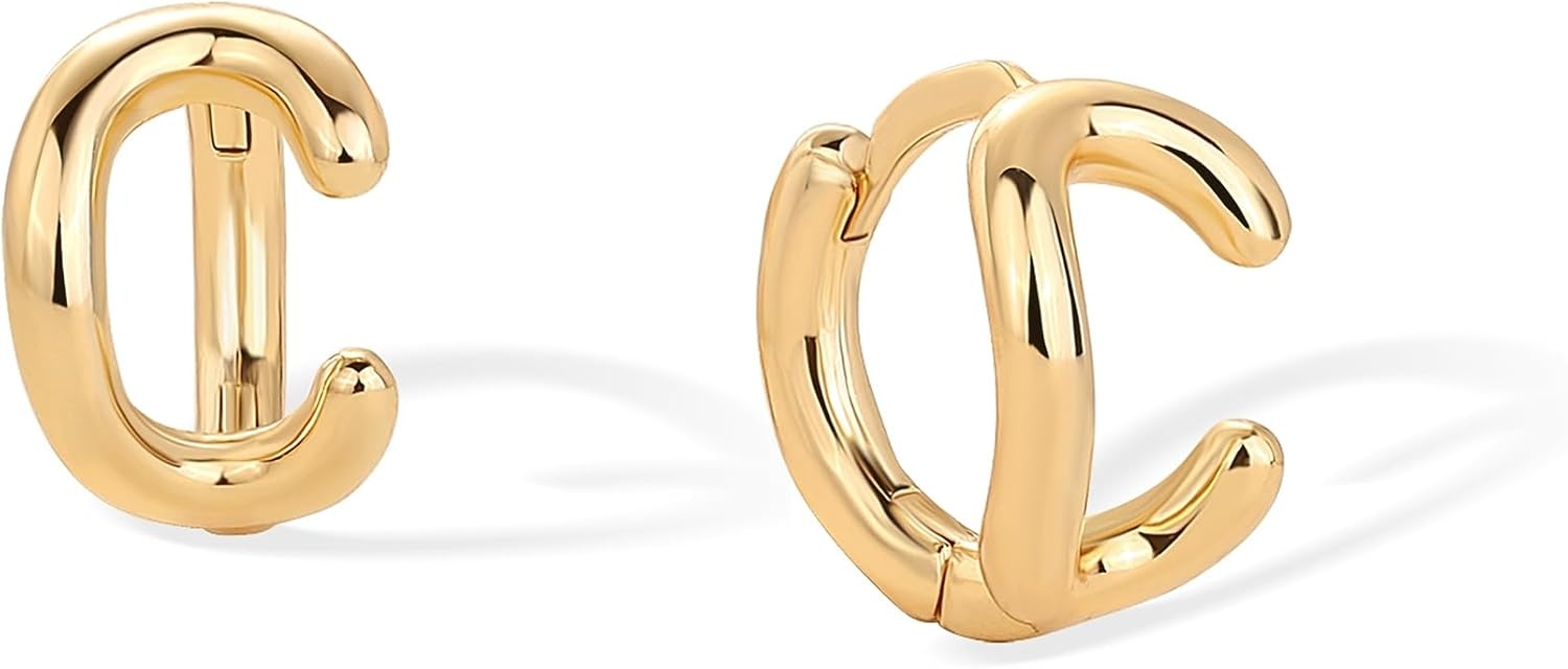 image:imagePAVOI 14K Gold Plated 925 Sterling Silver Posts Dainty Initial Huggie Earrings for Women Gold Huggie Hoop Small Initial Jewelry Trendy Alphabet Letter Earrings C