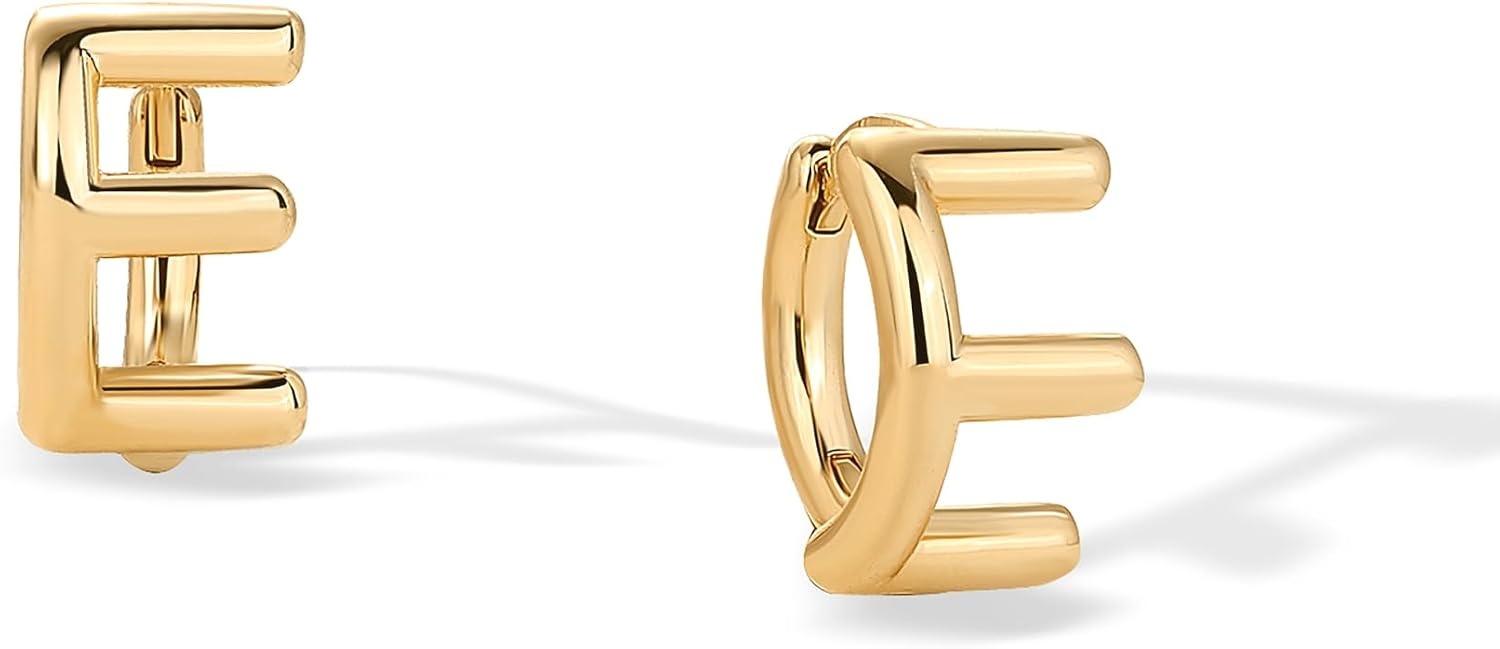 image:imagePAVOI 14K Gold Plated 925 Sterling Silver Posts Dainty Initial Huggie Earrings for Women Gold Huggie Hoop Small Initial Jewelry Trendy Alphabet Letter Earrings E