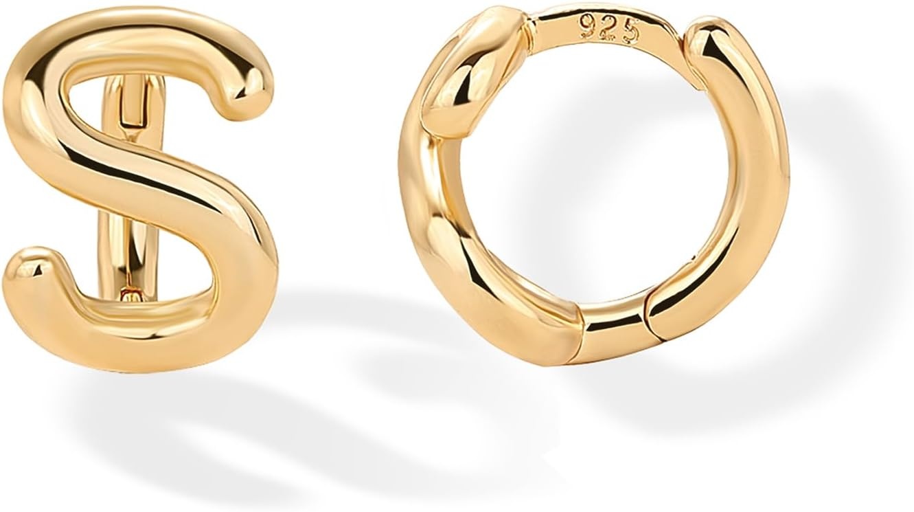 image:imagePAVOI 14K Gold Plated 925 Sterling Silver Posts Dainty Initial Huggie Earrings for Women Gold Huggie Hoop Small Initial Jewelry Trendy Alphabet Letter Earrings S
