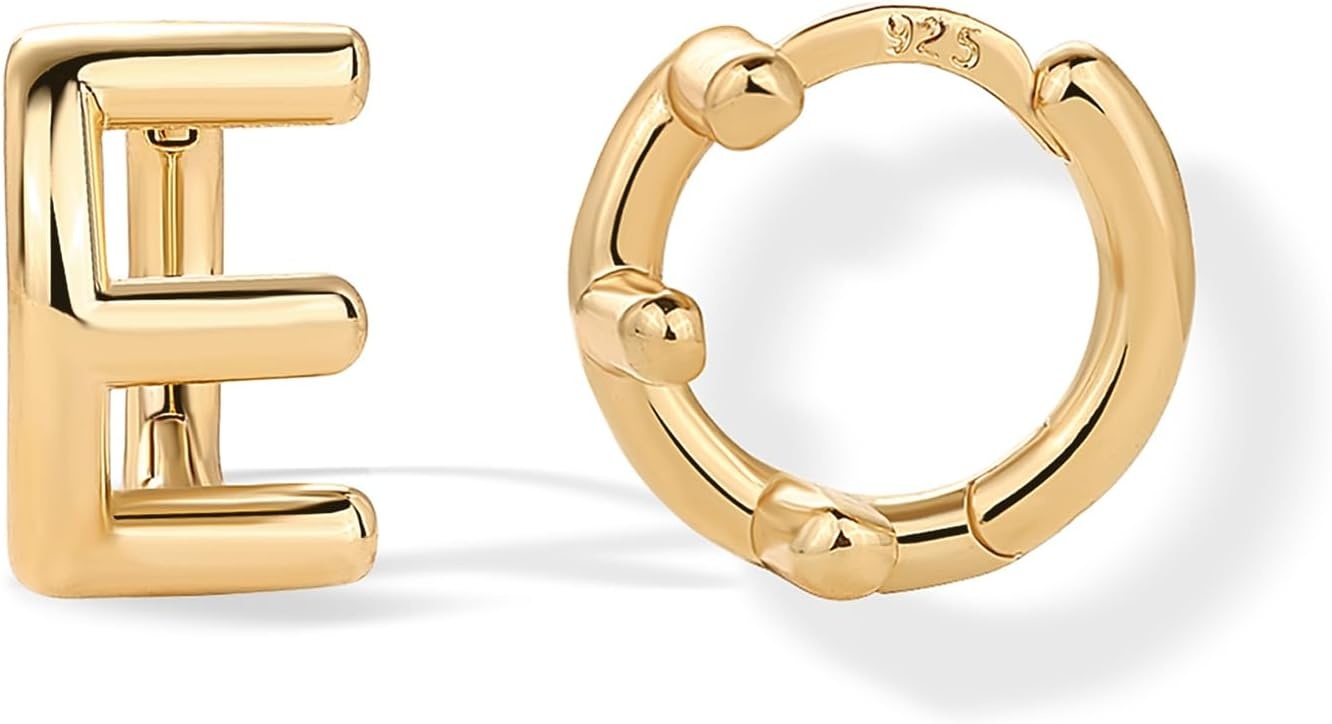 image:imagePAVOI 14K Gold Plated 925 Sterling Silver Posts Dainty Initial Huggie Earrings for Women Gold Huggie Hoop Small Initial Jewelry Trendy Alphabet Letter Earrings E