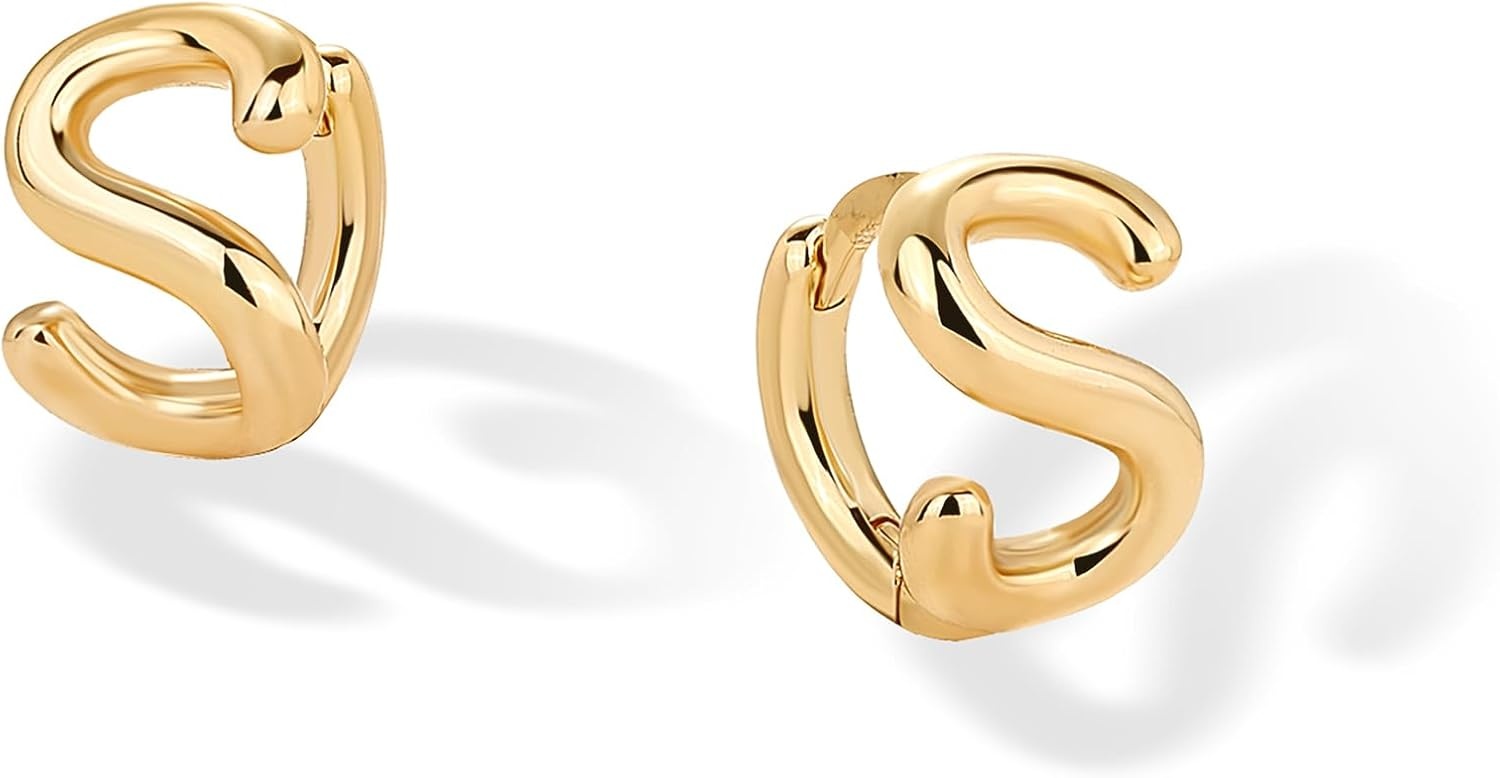 image:imagePAVOI 14K Gold Plated 925 Sterling Silver Posts Dainty Initial Huggie Earrings for Women Gold Huggie Hoop Small Initial Jewelry Trendy Alphabet Letter Earrings S