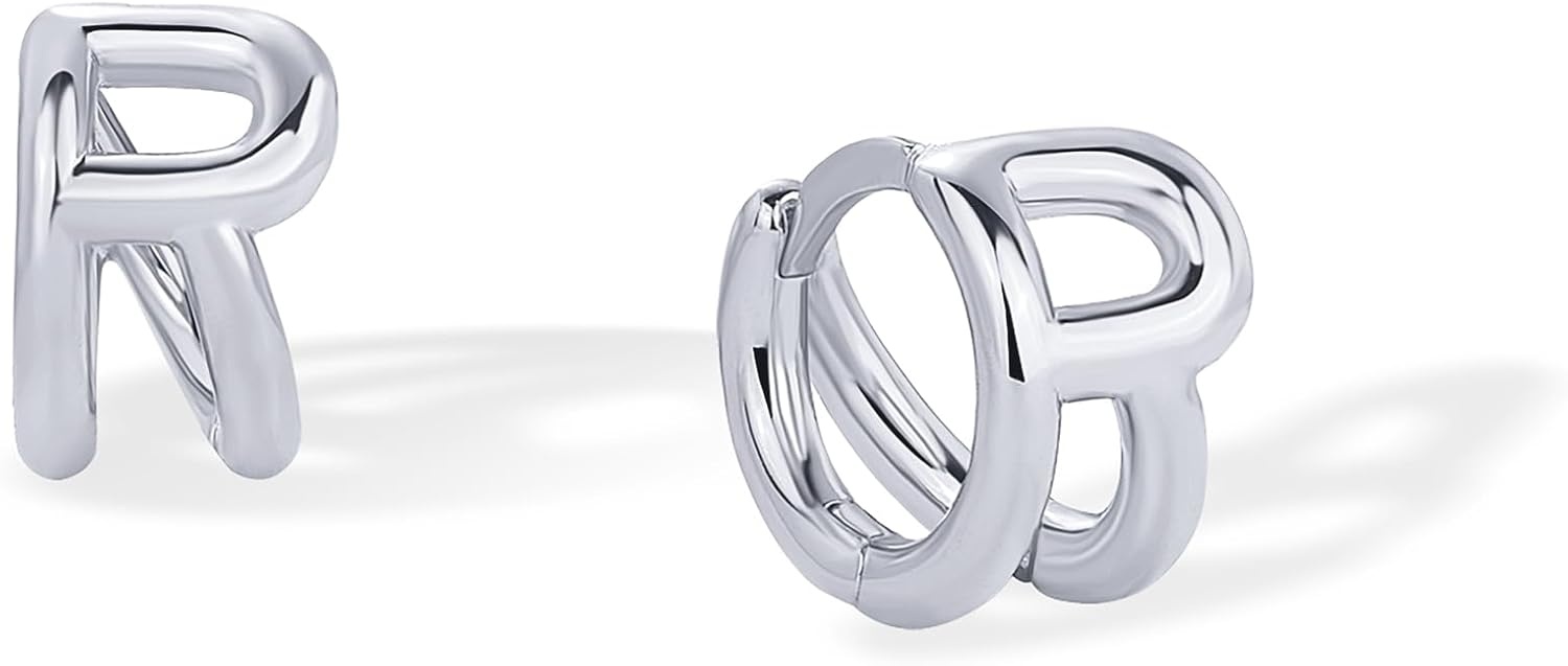 image:imagePAVOI 14K Gold Plated 925 Sterling Silver Posts Dainty Initial Huggie Earrings for Women Gold Huggie Hoop Small Initial Jewelry Trendy Alphabet Letter Earrings R