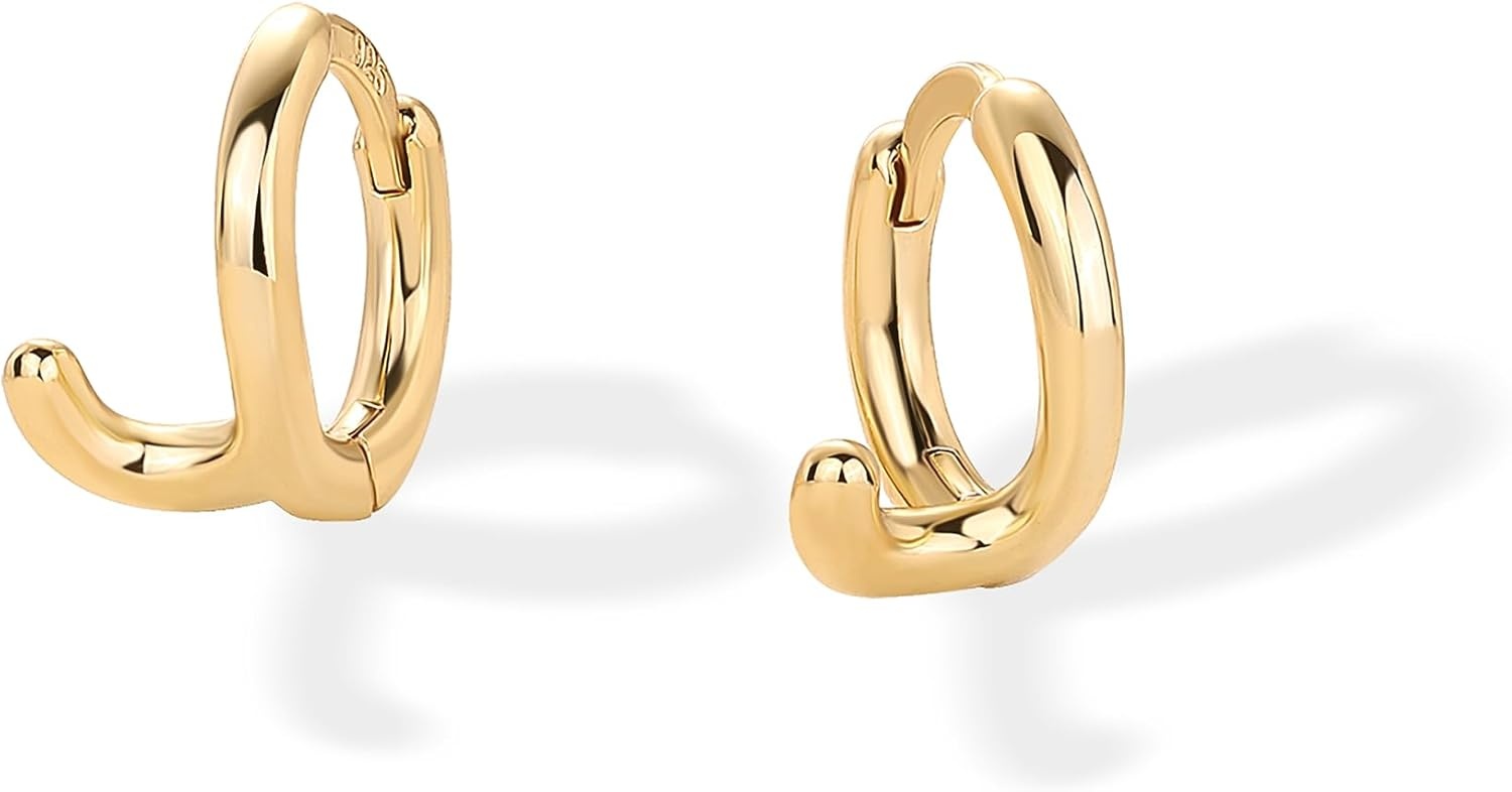 image:imagePAVOI 14K Gold Plated 925 Sterling Silver Posts Dainty Initial Huggie Earrings for Women Gold Huggie Hoop Small Initial Jewelry Trendy Alphabet Letter Earrings J