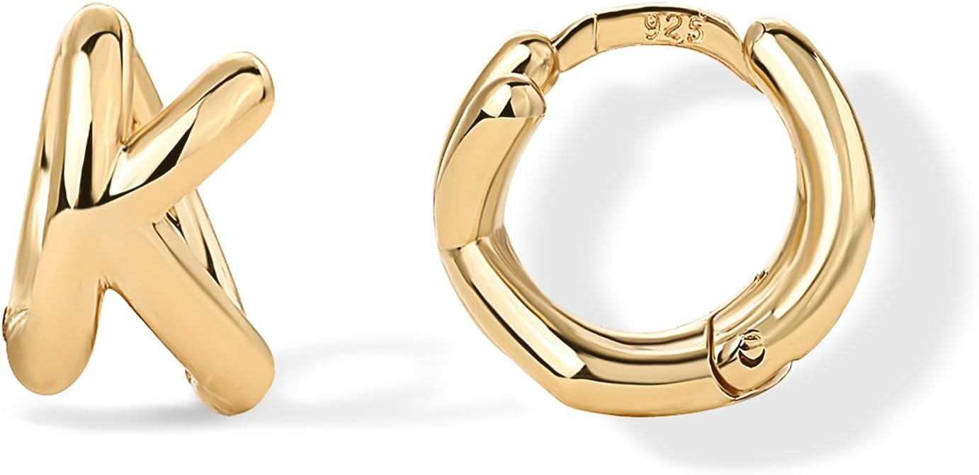 image:imagePAVOI 14K Gold Plated 925 Sterling Silver Posts Dainty Initial Huggie Earrings for Women Gold Huggie Hoop Small Initial Jewelry Trendy Alphabet Letter Earrings K
