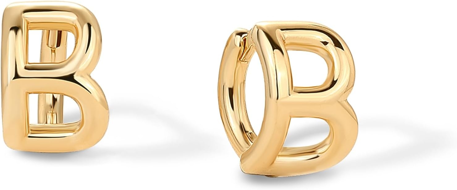 image:imagePAVOI 14K Gold Plated 925 Sterling Silver Posts Dainty Initial Huggie Earrings for Women Gold Huggie Hoop Small Initial Jewelry Trendy Alphabet Letter Earrings B