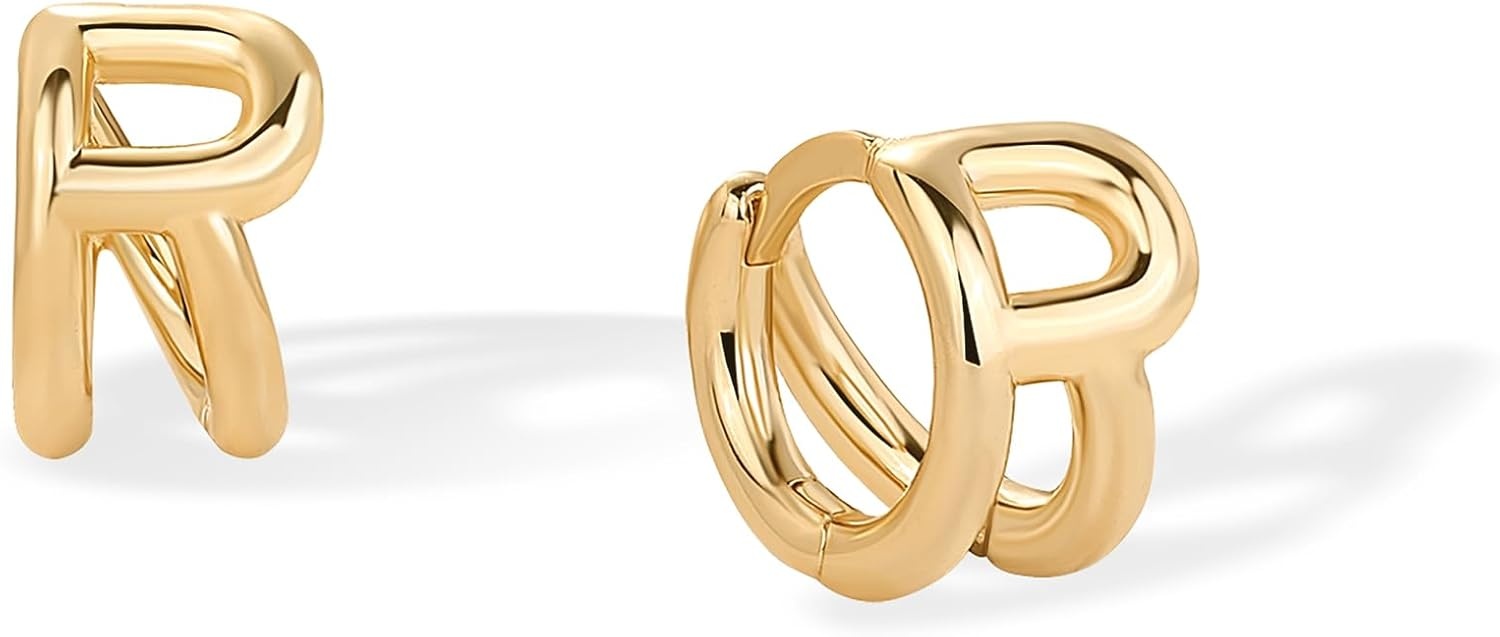 image:imagePAVOI 14K Gold Plated 925 Sterling Silver Posts Dainty Initial Huggie Earrings for Women Gold Huggie Hoop Small Initial Jewelry Trendy Alphabet Letter Earrings R