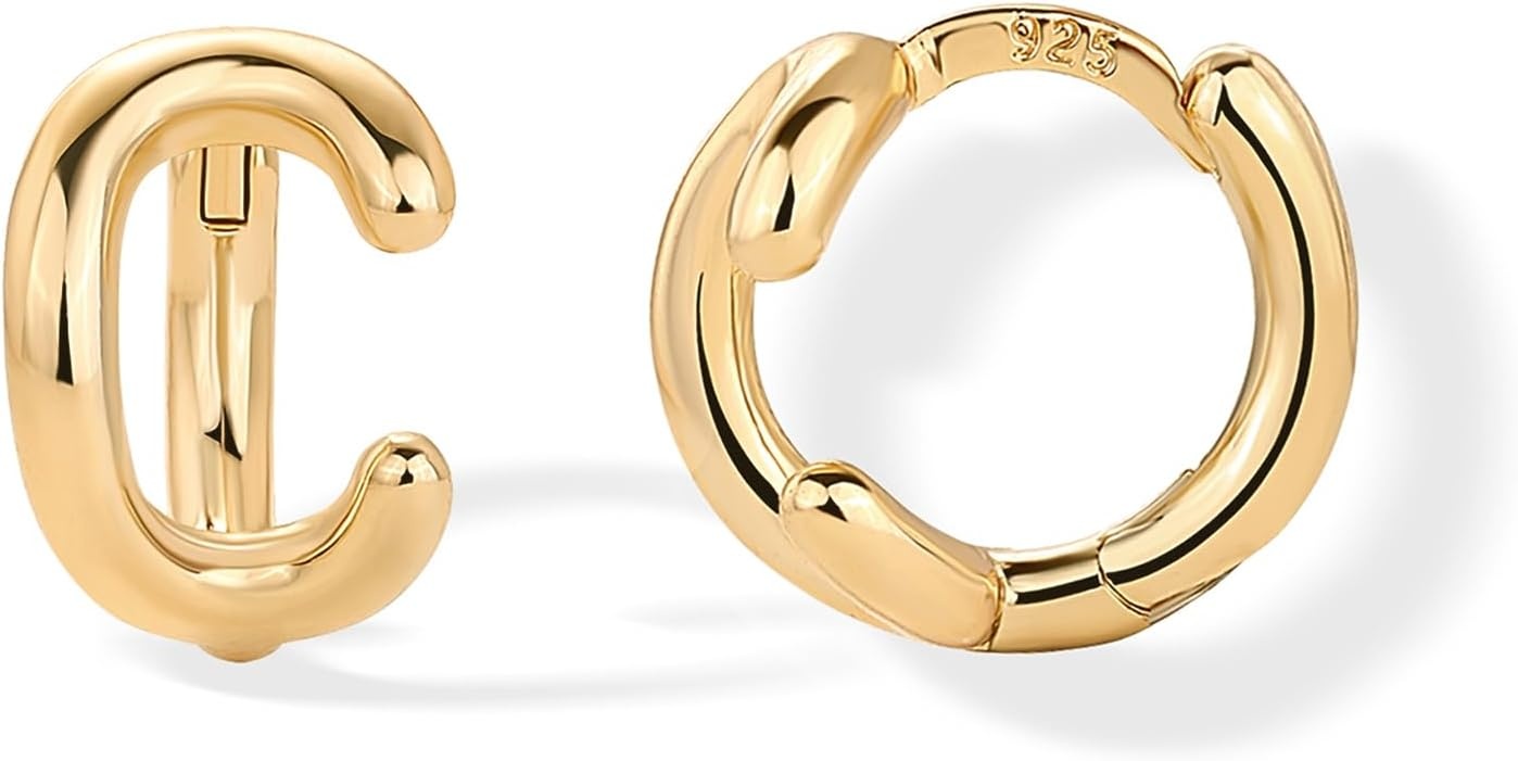 image:imagePAVOI 14K Gold Plated 925 Sterling Silver Posts Dainty Initial Huggie Earrings for Women Gold Huggie Hoop Small Initial Jewelry Trendy Alphabet Letter Earrings C