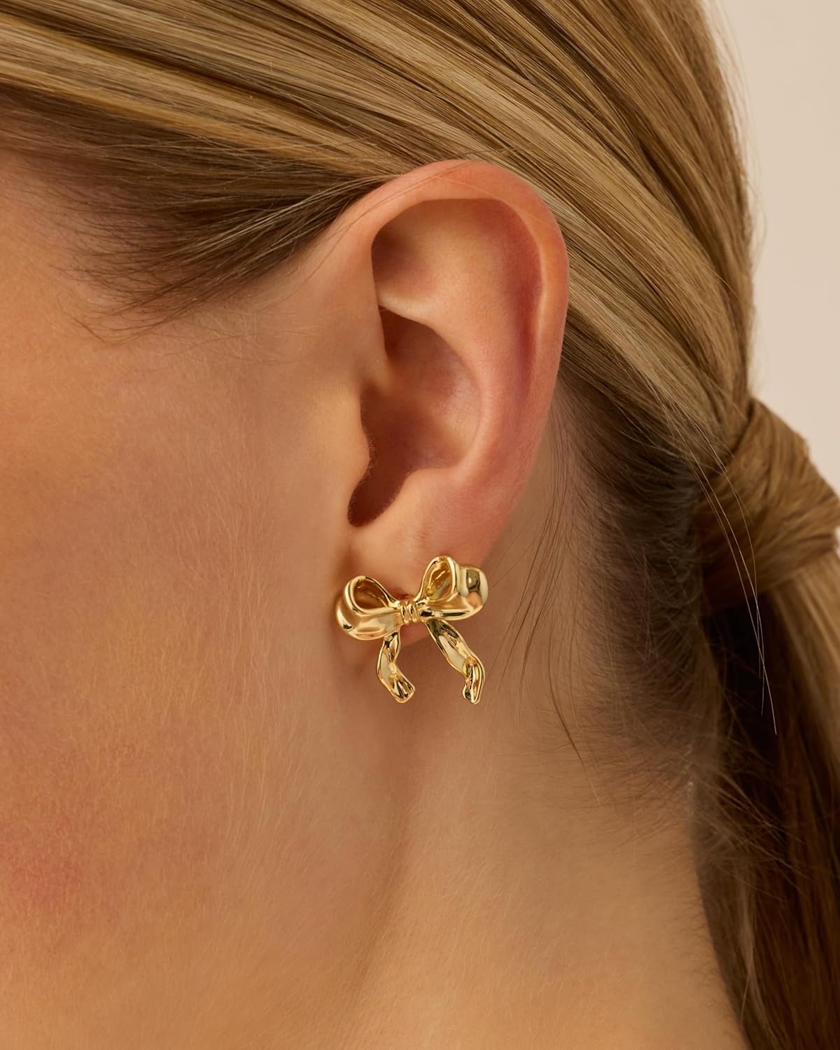 image:imagePAVOI 14K Gold Plated Cubic Zirconia Bow Stud Earrings for Women Coquette Earring PairHammered