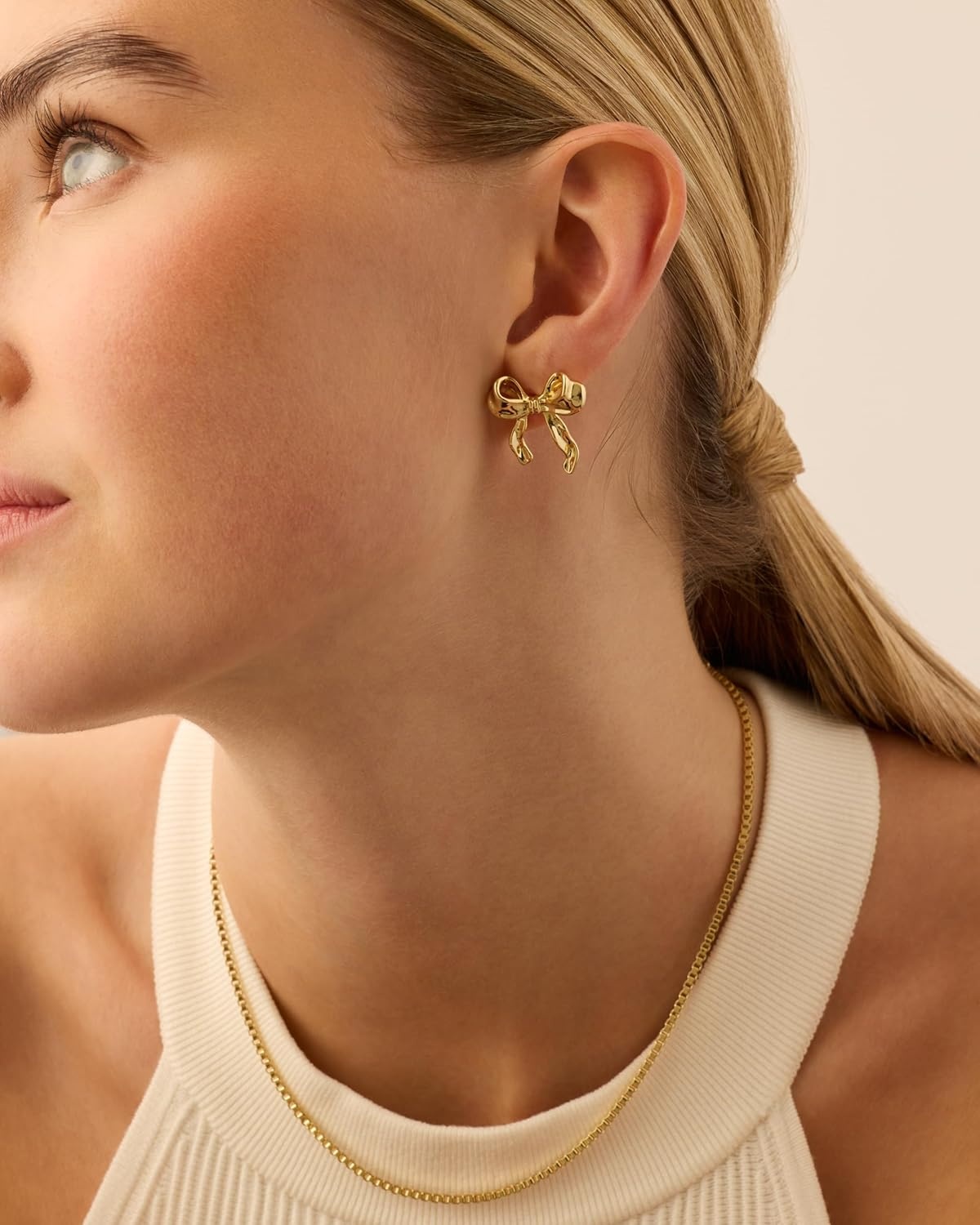 image:imagePAVOI 14K Gold Plated Cubic Zirconia Bow Stud Earrings for Women Coquette Earring PairHammered