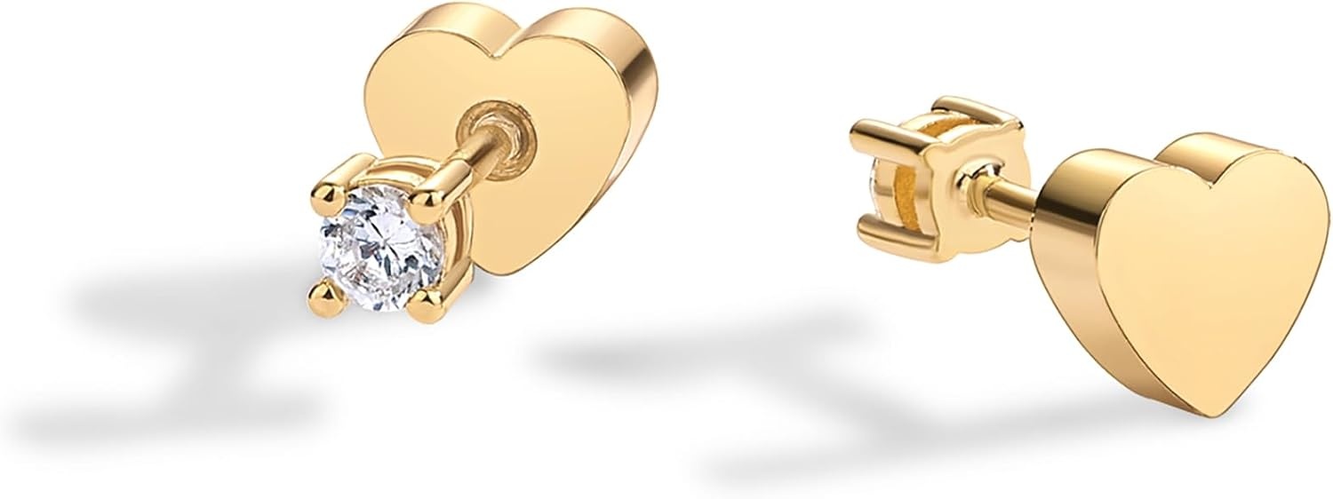 image:imagePAVOI 14K Gold Plated Double Sided Star and Heart Flat Back Stud Earrings for Women with Cubic Zirconia Celestial Earring Screw Back Pair Valentines Day Trendy JewelryHeart