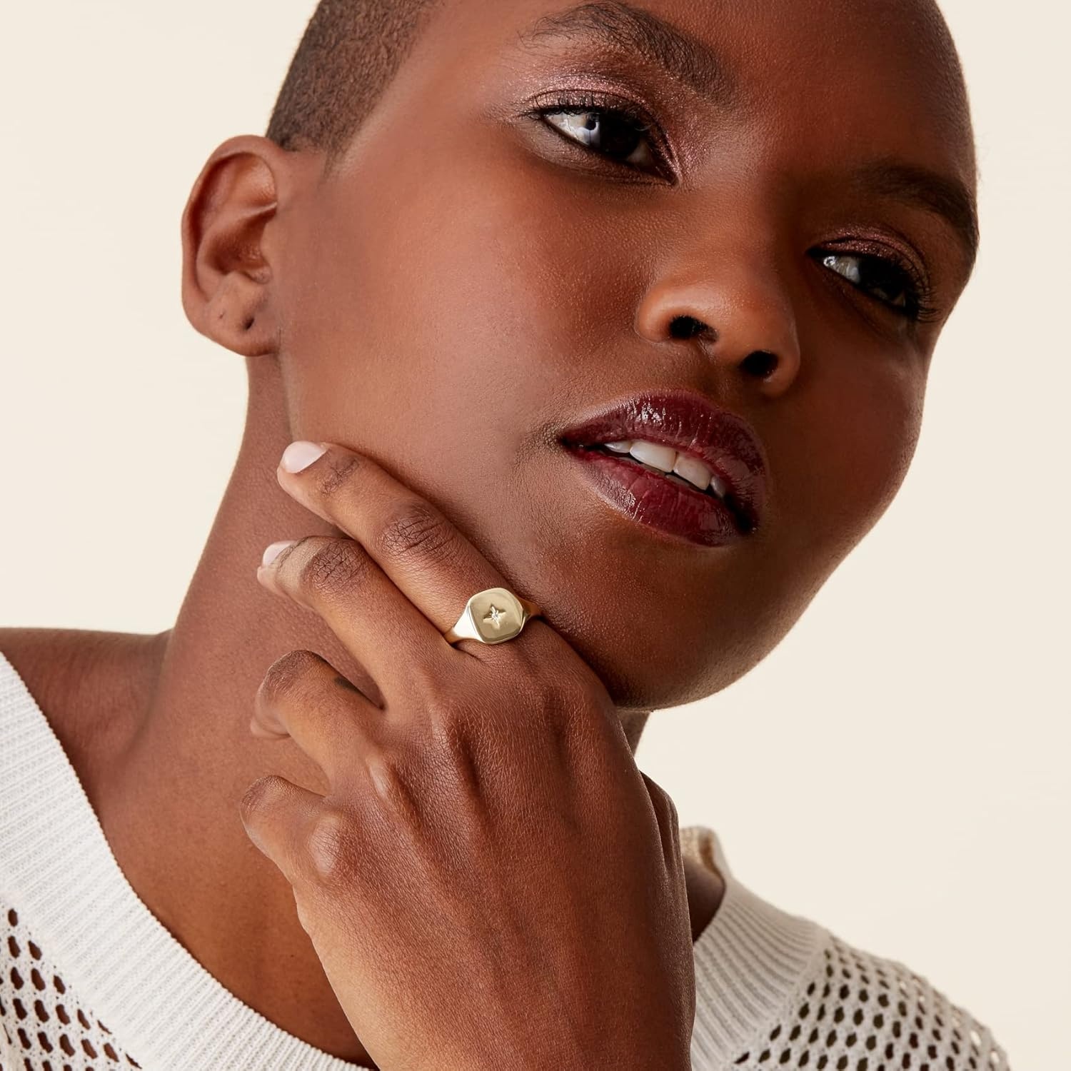 image:imagePAVOI 14K Gold Plated Engraved Signet Ring with North Star Lightweight Thick Statement Rings for Women Everyday JewelryRose Gold