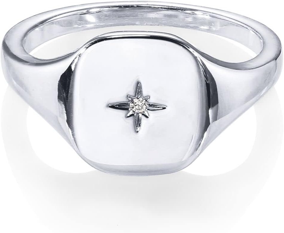 image:imagePAVOI 14K Gold Plated Engraved Signet Ring with North Star Lightweight Thick Statement Rings for Women Everyday JewelryWhite Gold