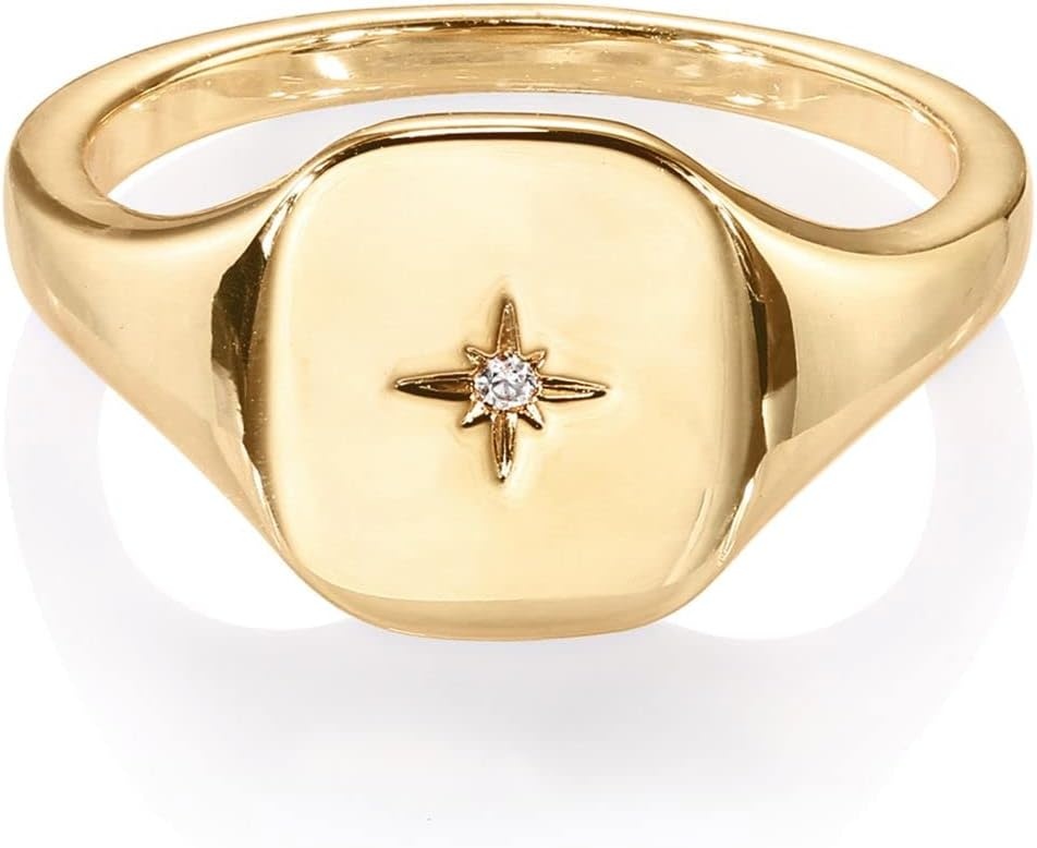 image:imagePAVOI 14K Gold Plated Engraved Signet Ring with North Star Lightweight Thick Statement Rings for Women Everyday JewelryYellow Gold