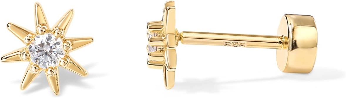 image:imagePAVOI 14K Gold Plated Flat Back Earrings Solid 925 Sterling Silver Posts Helix Cartilage Earrings for Women Cubic Zirconia Stud Earrings Trending Fashion JewelryYellow Gold