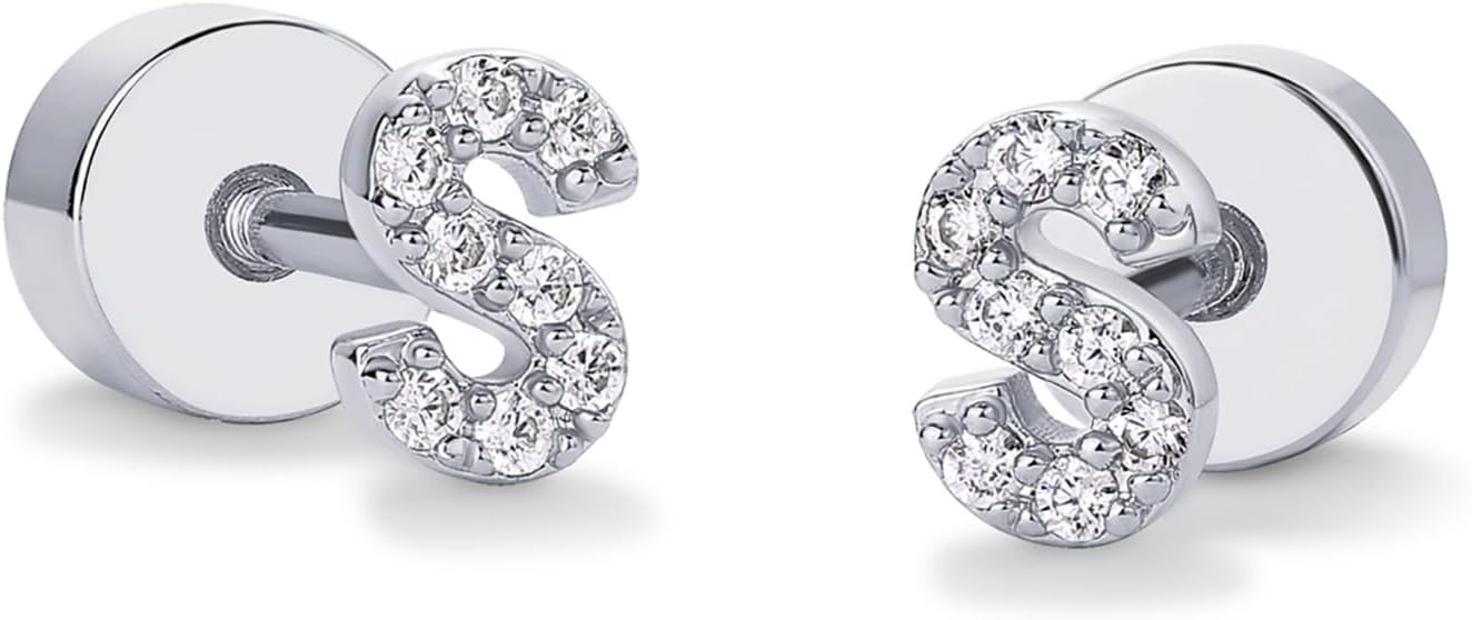 image:imagePAVOI 14K Gold Plated Initial Flat Back Earrings for Women Cubic Zirconia Dainty Initial Letter Jewelry Gifts 925 Sterling Silver Posts Cartilage Piercing Flatback Gold Stud Earrings Screw BackWhite Gold