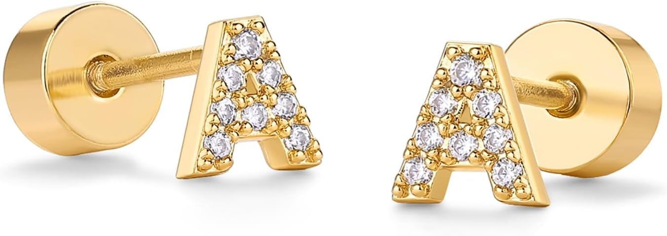 image:imagePAVOI 14K Gold Plated Initial Flat Back Earrings for Women Cubic Zirconia Dainty Initial Letter Jewelry Gifts 925 Sterling Silver Posts Cartilage Piercing Flatback Gold Stud Earrings Screw BackYellow Gold