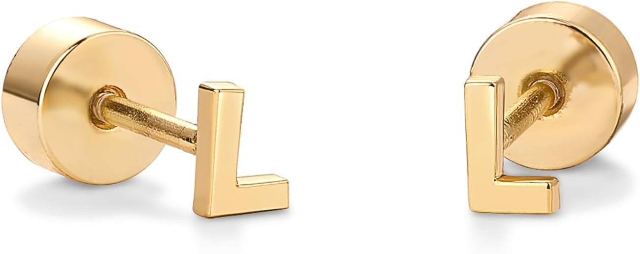 image:imagePAVOI 14K Gold Plated Initial Flat Back Earrings for Women Cubic Zirconia Dainty Initial Letter Jewelry Gifts 925 Sterling Silver Posts Cartilage Piercing Flatback Gold Stud Earrings Screw BackYellow Gold