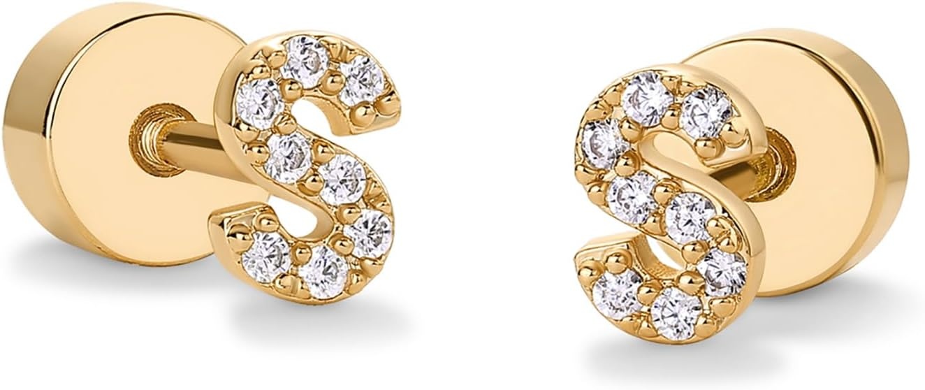 image:imagePAVOI 14K Gold Plated Initial Flat Back Earrings for Women Cubic Zirconia Dainty Initial Letter Jewelry Gifts 925 Sterling Silver Posts Cartilage Piercing Flatback Gold Stud Earrings Screw BackYellow Gold