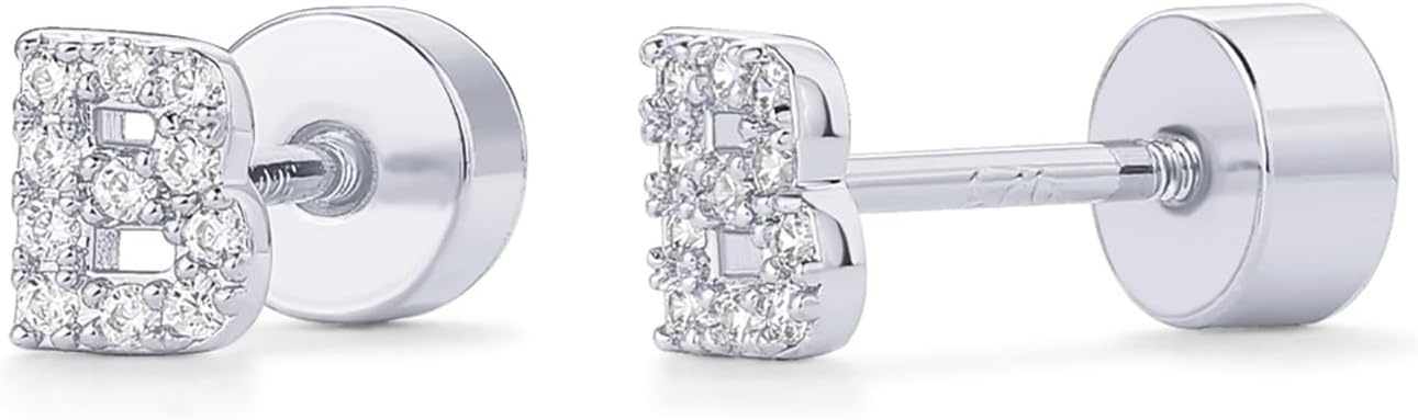 image:imagePAVOI 14K Gold Plated Initial Flat Back Earrings for Women Cubic Zirconia Dainty Initial Letter Jewelry Gifts 925 Sterling Silver Posts Cartilage Piercing Flatback Gold Stud Earrings Screw BackWhite Gold
