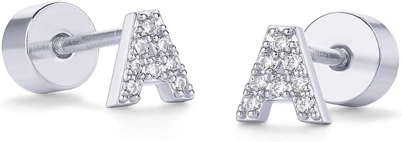 image:imagePAVOI 14K Gold Plated Initial Flat Back Earrings for Women Cubic Zirconia Dainty Initial Letter Jewelry Gifts 925 Sterling Silver Posts Cartilage Piercing Flatback Gold Stud Earrings Screw BackWhite Gold