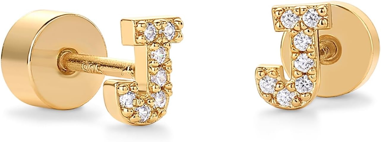 image:imagePAVOI 14K Gold Plated Initial Flat Back Earrings for Women Cubic Zirconia Dainty Initial Letter Jewelry Gifts 925 Sterling Silver Posts Cartilage Piercing Flatback Gold Stud Earrings Screw BackYellow Gold