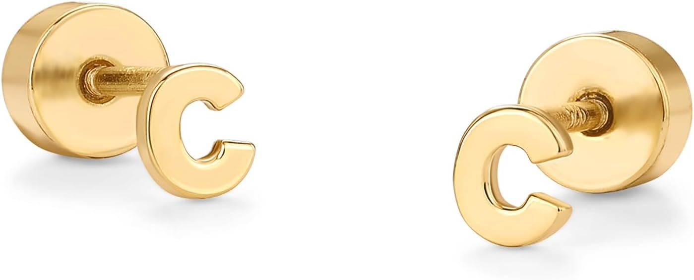 image:imagePAVOI 14K Gold Plated Initial Flat Back Earrings for Women Cubic Zirconia Dainty Initial Letter Jewelry Gifts 925 Sterling Silver Posts Cartilage Piercing Flatback Gold Stud Earrings Screw BackYellow Gold