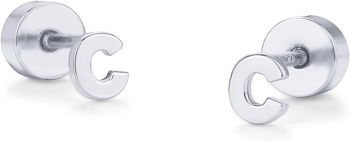 image:imagePAVOI 14K Gold Plated Initial Flat Back Earrings for Women Cubic Zirconia Dainty Initial Letter Jewelry Gifts 925 Sterling Silver Posts Cartilage Piercing Flatback Gold Stud Earrings Screw BackWhite Gold
