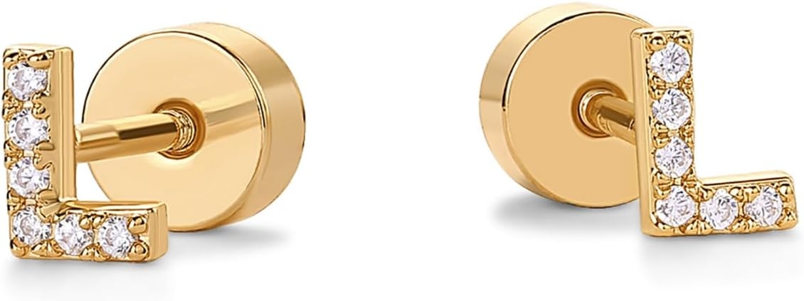 image:imagePAVOI 14K Gold Plated Initial Flat Back Earrings for Women Cubic Zirconia Dainty Initial Letter Jewelry Gifts 925 Sterling Silver Posts Cartilage Piercing Flatback Gold Stud Earrings Screw BackYellow Gold