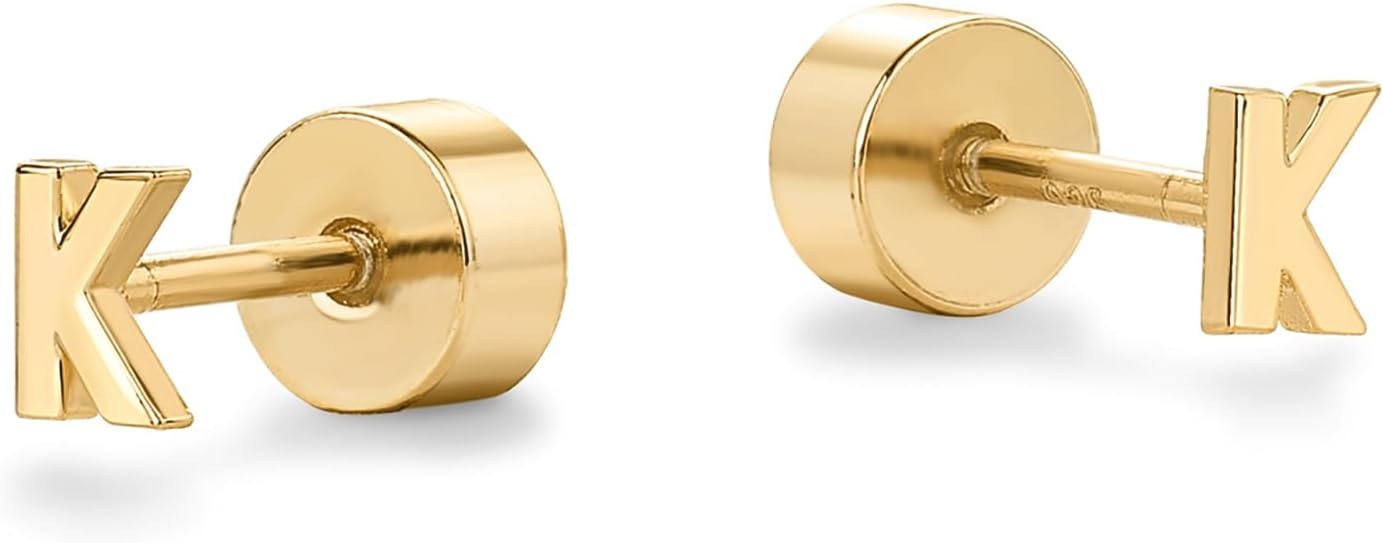image:imagePAVOI 14K Gold Plated Initial Flat Back Earrings for Women Cubic Zirconia Dainty Initial Letter Jewelry Gifts 925 Sterling Silver Posts Cartilage Piercing Flatback Gold Stud Earrings Screw BackYellow Gold