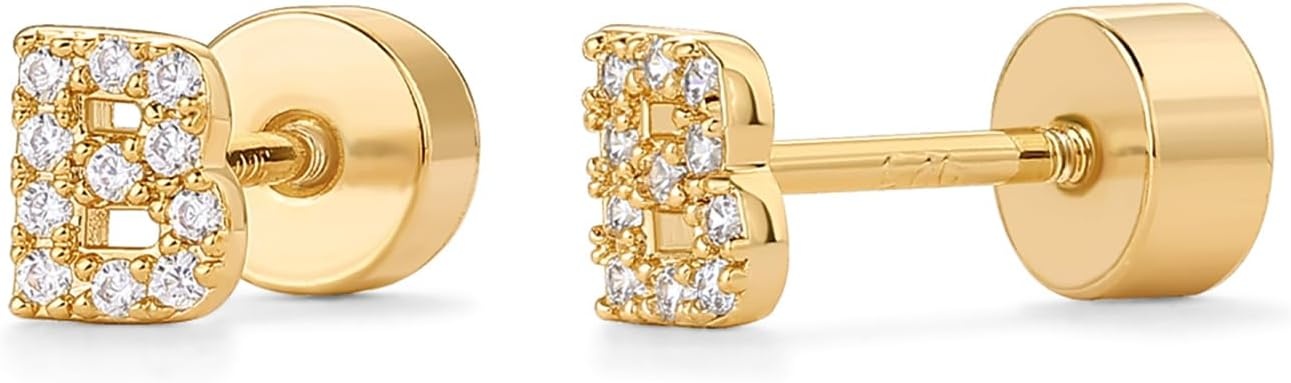 image:imagePAVOI 14K Gold Plated Initial Flat Back Earrings for Women Cubic Zirconia Dainty Initial Letter Jewelry Gifts 925 Sterling Silver Posts Cartilage Piercing Flatback Gold Stud Earrings Screw BackYellow Gold