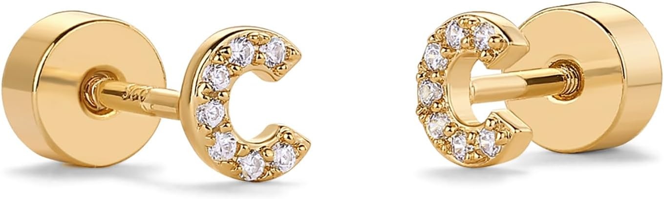 image:imagePAVOI 14K Gold Plated Initial Flat Back Earrings for Women Cubic Zirconia Dainty Initial Letter Jewelry Gifts 925 Sterling Silver Posts Cartilage Piercing Flatback Gold Stud Earrings Screw BackYellow Gold