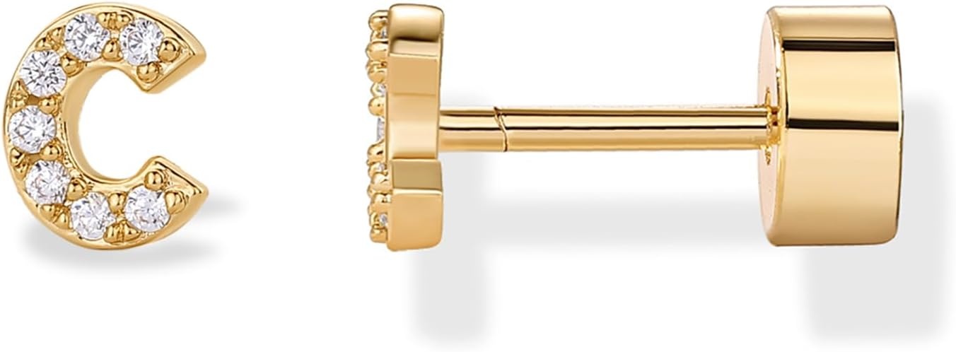 image:imagePAVOI 14K Gold Plated Initial Flat Back Earrings for Women Cubic Zirconia Dainty Initial Letter Jewelry Gifts 925 Sterling Silver Posts Cartilage Piercing Flatback Gold Stud Earrings Screw BackYellow Gold