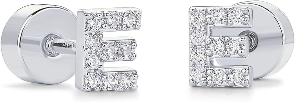 image:imagePAVOI 14K Gold Plated Initial Flat Back Earrings for Women Cubic Zirconia Dainty Initial Letter Jewelry Gifts 925 Sterling Silver Posts Cartilage Piercing Flatback Gold Stud Earrings Screw BackWhite Gold