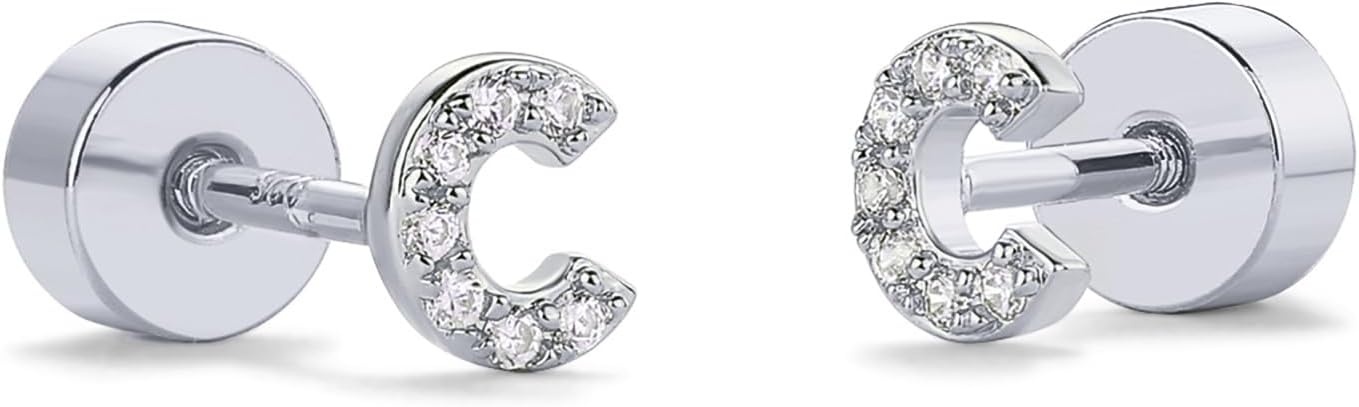 image:imagePAVOI 14K Gold Plated Initial Flat Back Earrings for Women Cubic Zirconia Dainty Initial Letter Jewelry Gifts 925 Sterling Silver Posts Cartilage Piercing Flatback Gold Stud Earrings Screw BackWhite Gold