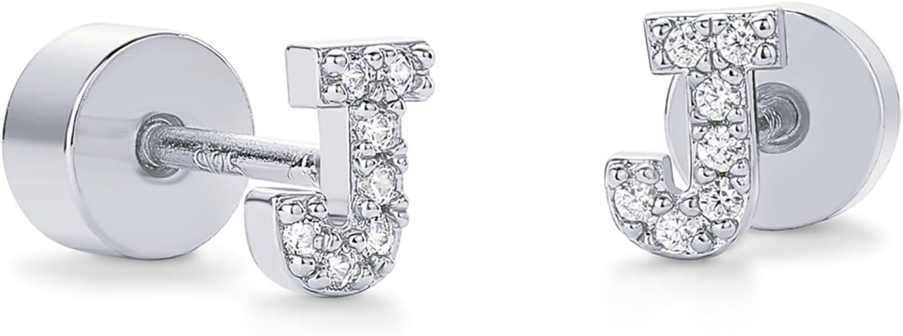 image:imagePAVOI 14K Gold Plated Initial Flat Back Earrings for Women Cubic Zirconia Dainty Initial Letter Jewelry Gifts 925 Sterling Silver Posts Cartilage Piercing Flatback Gold Stud Earrings Screw BackWhite Gold