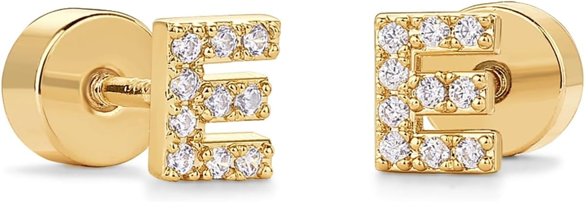 image:imagePAVOI 14K Gold Plated Initial Flat Back Earrings for Women Cubic Zirconia Dainty Initial Letter Jewelry Gifts 925 Sterling Silver Posts Cartilage Piercing Flatback Gold Stud Earrings Screw BackYellow Gold