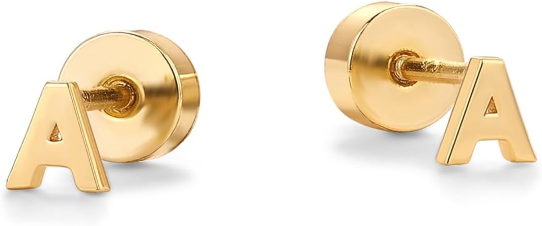 image:imagePAVOI 14K Gold Plated Initial Flat Back Earrings for Women Cubic Zirconia Dainty Initial Letter Jewelry Gifts 925 Sterling Silver Posts Cartilage Piercing Flatback Gold Stud Earrings Screw BackYellow Gold