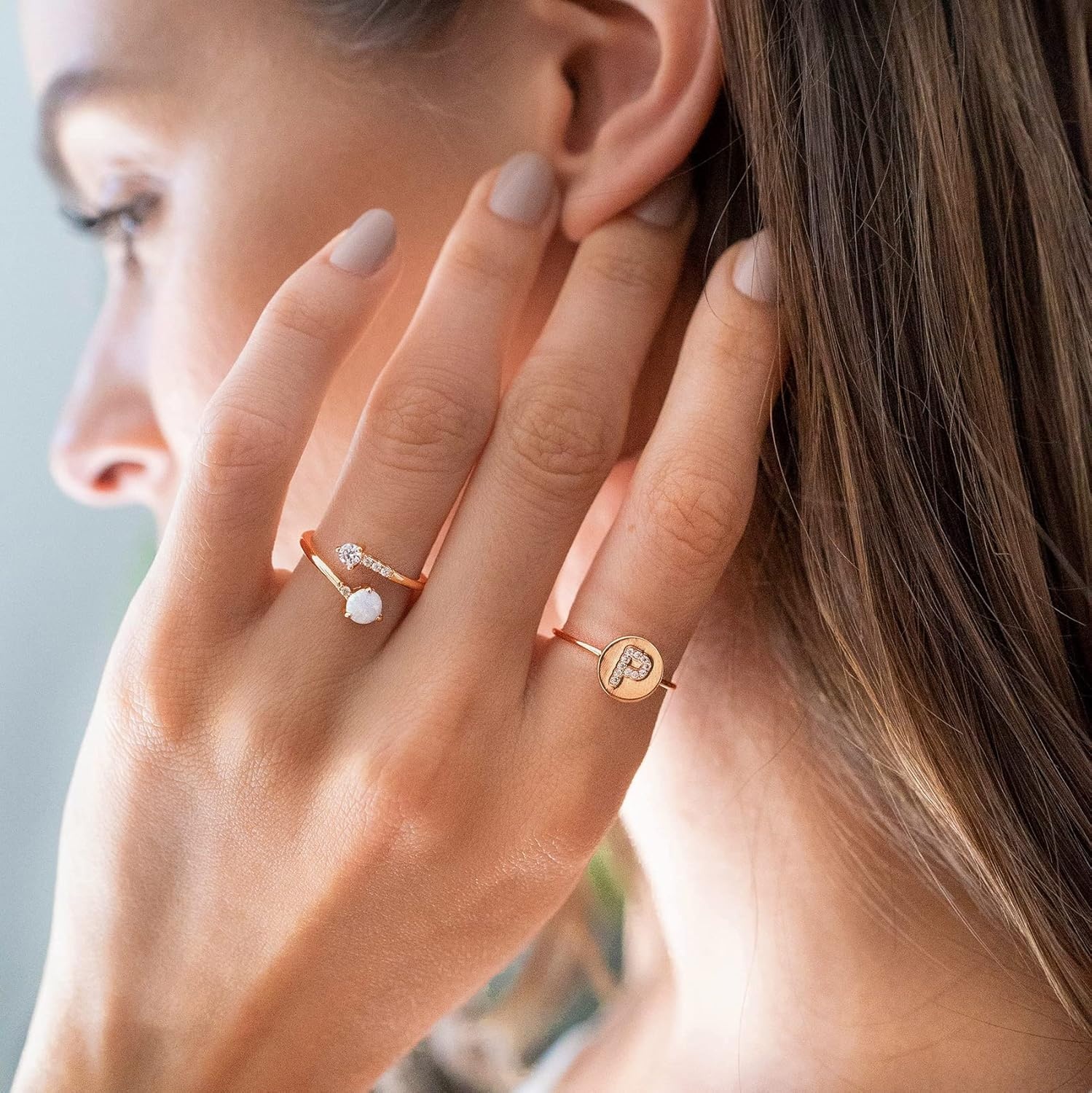 image:imagePAVOI 14K Gold Plated Initial Ring Stackable Rings for Women Fashion Rings B