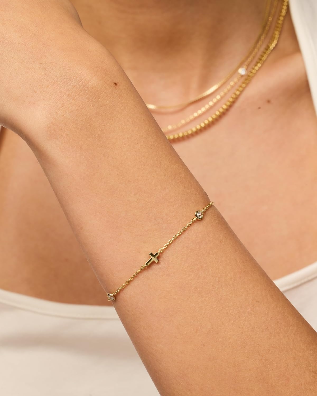 image:imagePAVOI 14K Gold Plated Sideways Cross Bracelet for Women Religious Cubic Zirconia Station Bracelet Confirmation GiftWhite Gold